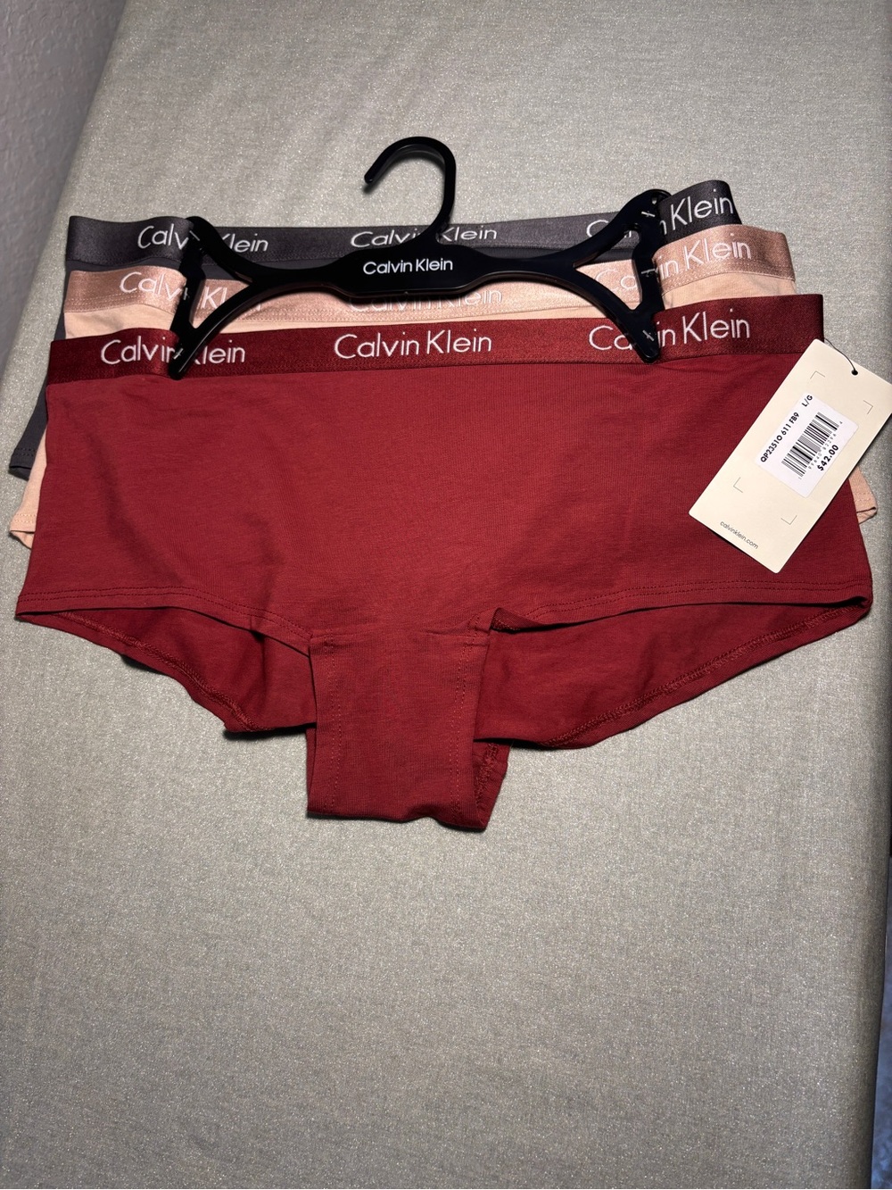 NWT Calvin Klein L 3 Pack Cotton Boyshort Underwear Panties Logo Nude, Wine, Gry